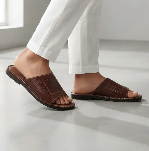 Close-up of ZERMONTE brown leather men's slipper