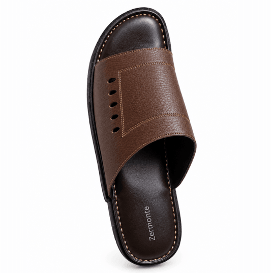 ZERMONTE original leather brown men's slippers front view.