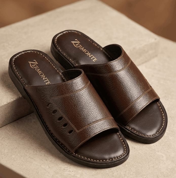 ZERMONTE original leather brown Peshawari men's slippers.