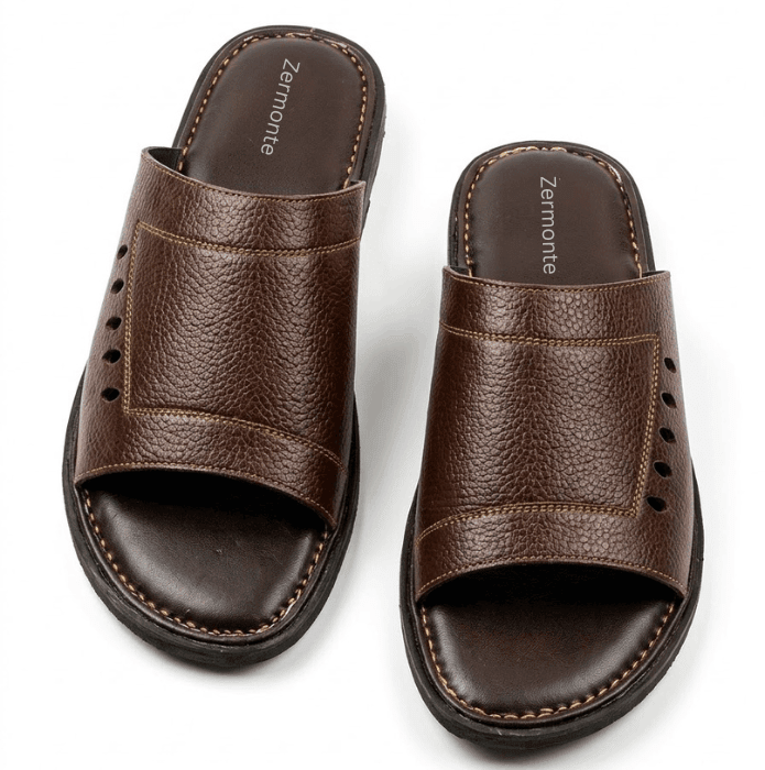 ZERMONTE premium brown original leather men's slippers.