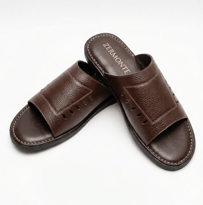 ZERMONTE original leather brown slippers close-up view.